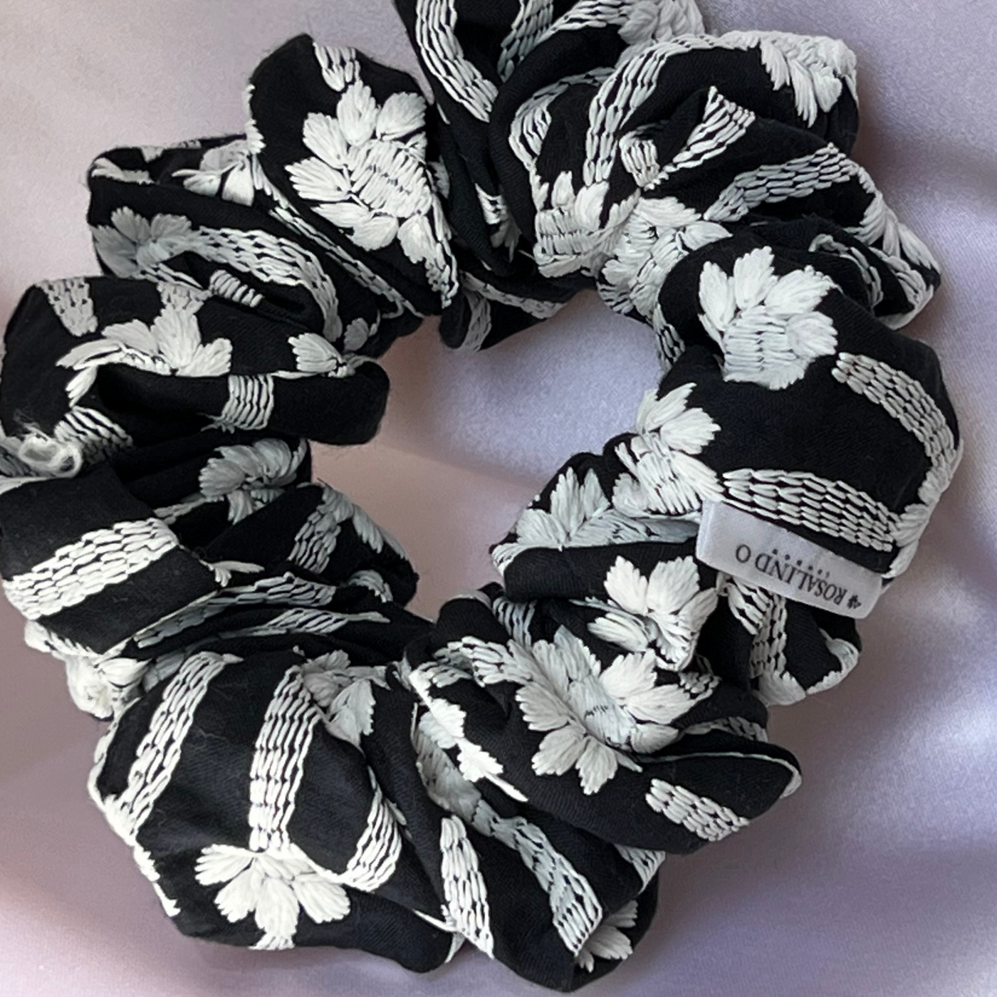 Embroidered black and white cotton scrunchie