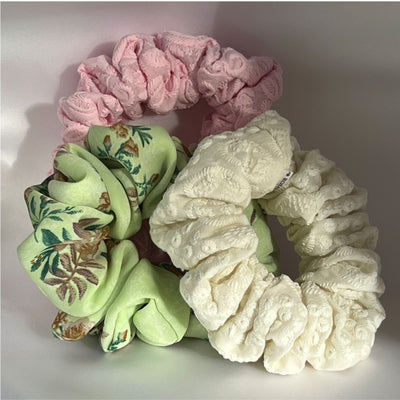 Anemone pink cotton embroidered scrunchie