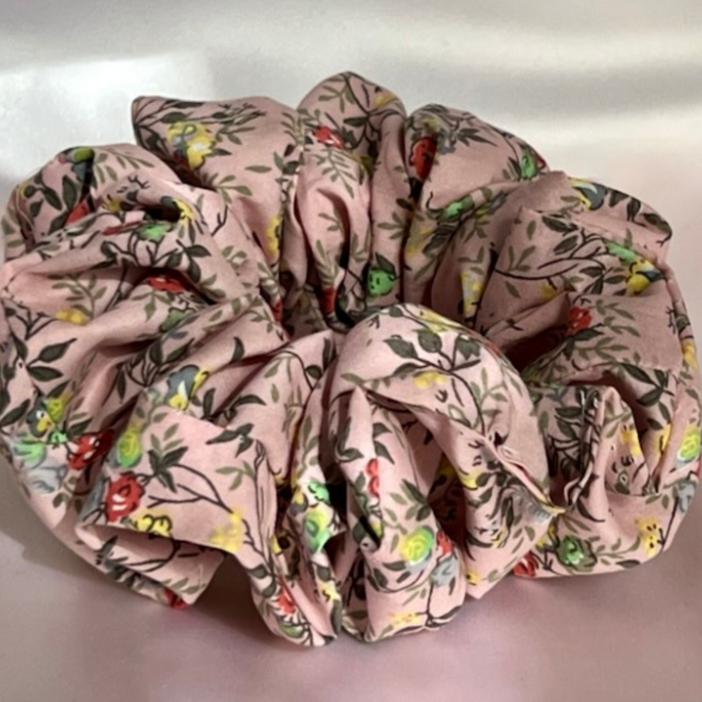 Pink floral cotton scrunchie