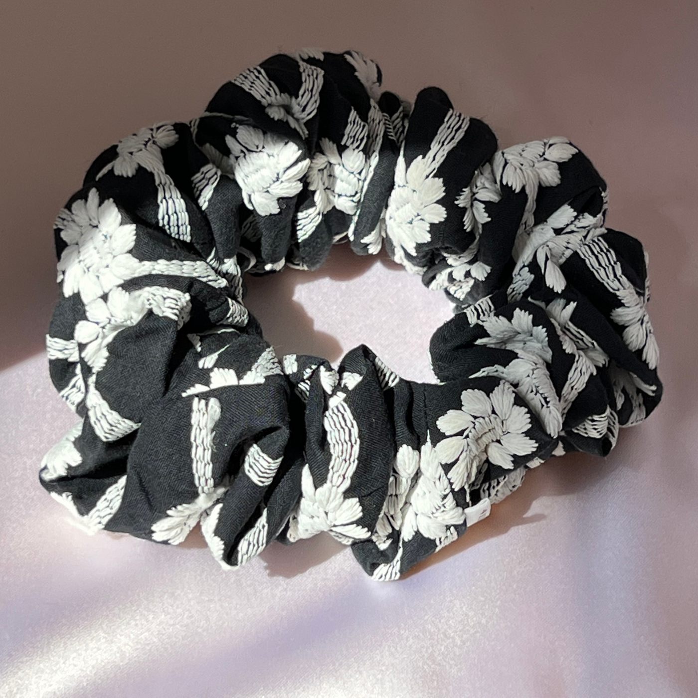 Embroidered black and white cotton scrunchie